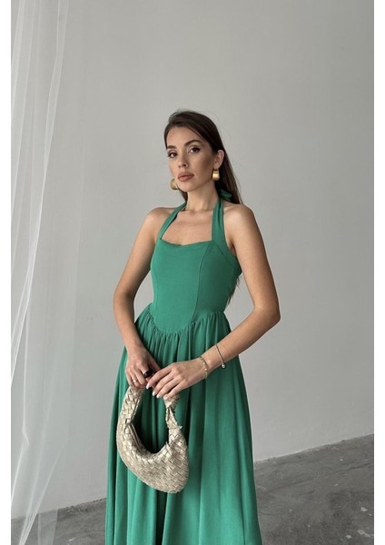 Munn Collection Yeşil Boyundan Bağlamalı Keten Elbise fırsatları