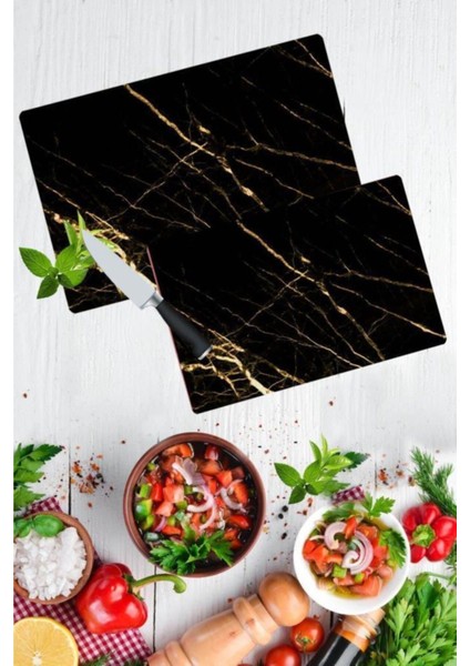 2'li Takım 20X30 & 30X40 Sarı Altın Desen Görünümlü Takım Cam Kesme Tahtası- Tablası 20X30 & 30X40