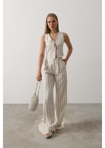 Munn Collection Çizgili Yelek Takım - Beyaz-Taş fiyatları