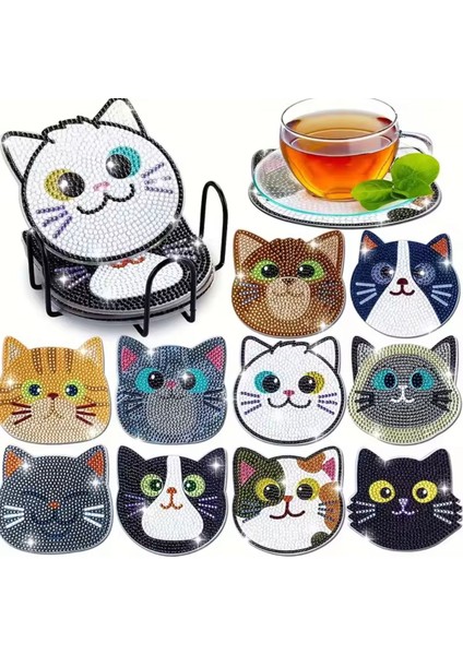 Çocuk Gelişim 10 Adet Kedi Tasarım Elmas Boyama Bardak Altlığı Seti Tel Stant