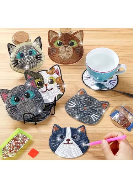 Çocuk Gelişim 10 Adet Kedi Tasarım Elmas Boyama Bardak Altlığı Seti Tel Stant modelleri