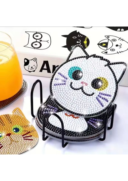 Çocuk Gelişim 10 Adet Kedi Tasarım Elmas Boyama Bardak Altlığı Seti Tel Stant indirimleri