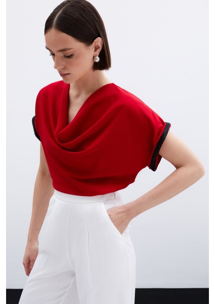 Kollar Taş Detaylı Salaş Bluz - Kırmızı