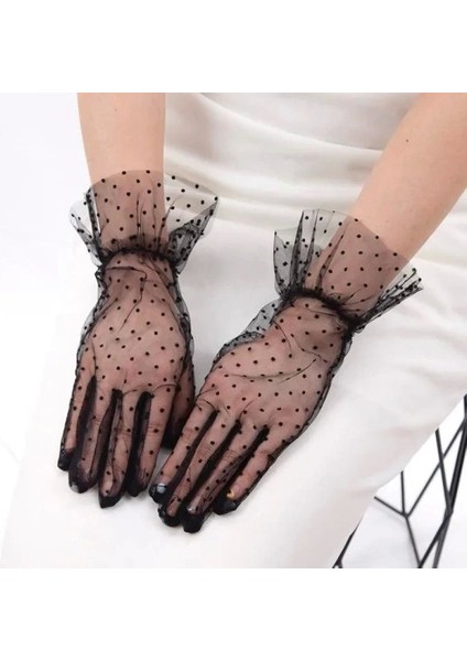 Kısa Güpürlü Siyah Puantiyeli Tül Eldiven