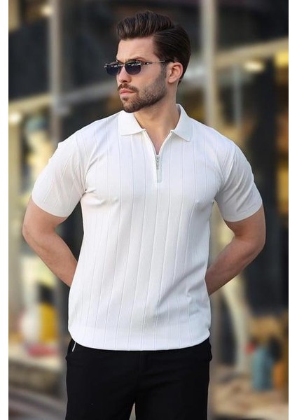 Polo Yaka Çizgili Fermuarlı Erkek T-Shirt