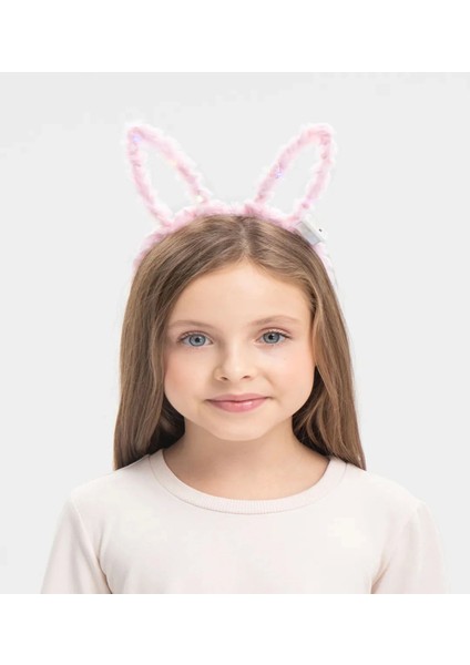 LED Işıklı Peluş Pofuduk Tavşan Kulak Tavşan Taç Pembe 17X23 cm
