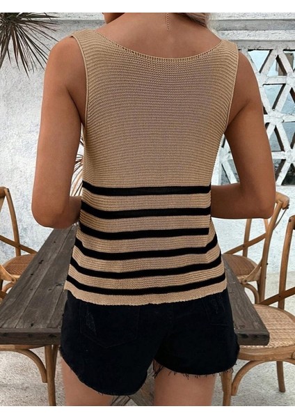 Munn Collection Kadın Sıfır Kol Yuvarlak Yaka Şerit Detay Triko Bluz modelleri