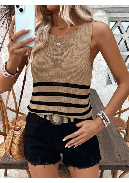 Munn Collection Kadın Sıfır Kol Yuvarlak Yaka Şerit Detay Triko Bluz indirimleri