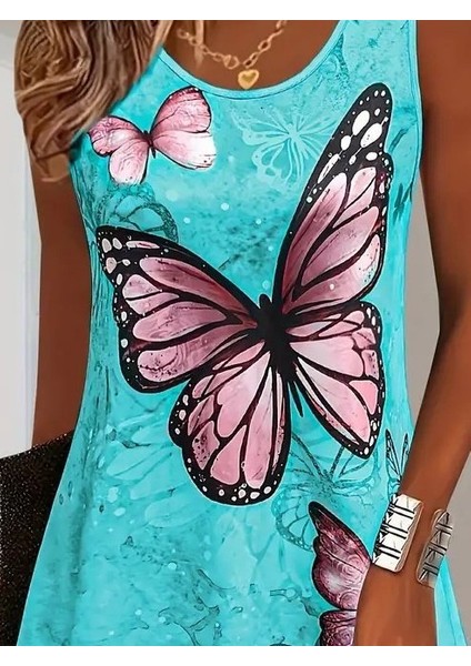 Kadın Askılı Yuvarlak Yaka Kelebek Desenli Süprem Elbise fiyatları