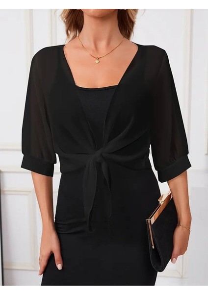 Munn Collection Kadın Truvakar Kol Önden Bağlamalı Kısa Şifon Bolero Ceket