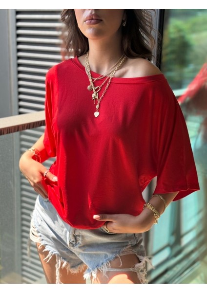Munn Collection Kadın Tek Omuzu Açık Kısa Kollu Salaş Viskon Bluz modelleri