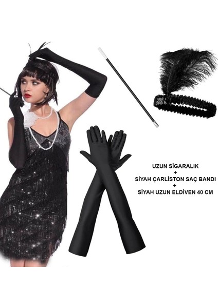 192039LER Gatsby Aksesuar Seti – Siyah Charleston Saç Bandı, Uzun Eldiven Lık