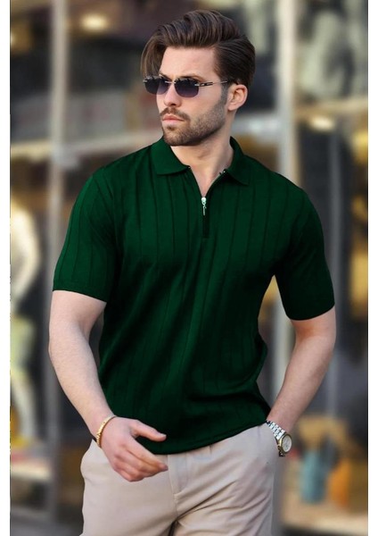 Polo Yaka Çizgili Fermuarlı Erkek T-Shirt