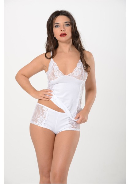 ASM1321 Kadın Ekru Penye Atlet Şort Fantastik Set Takım