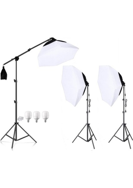 3 Lü Youtube , Vlog , Tiktok Vb Canlı Yayın Için 70CM Octagon Softbox Toplam 135W LED Sürekli Işık Seti