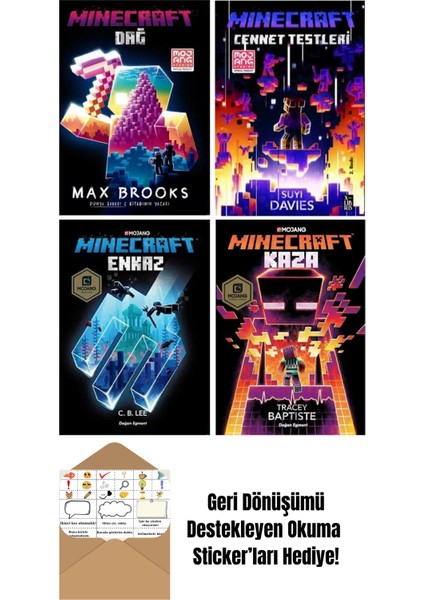 Minecraft Roman Serisi 4 Kitap Set / Dağ - Cennet Testleri - Enkaz - Kaza + Okuma Sticker'ları