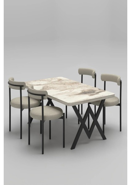 Ege 4 Kişilik Mutfak Masa Takımı -Krem Kumaş 70X110 W Mutfak Masası Ege Sandalye Krem Kumaş