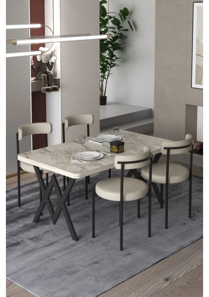 Ege 4 Kişilik Mutfak Masa Takımı -Krem Kumaş 70X110 W Mutfak Masası Ege Sandalye Krem Kumaş
