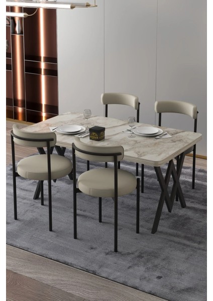 Ege 4 Kişilik Mutfak Masa Takımı -Krem Kumaş 70X110 W Mutfak Masası Ege Sandalye Krem Kumaş