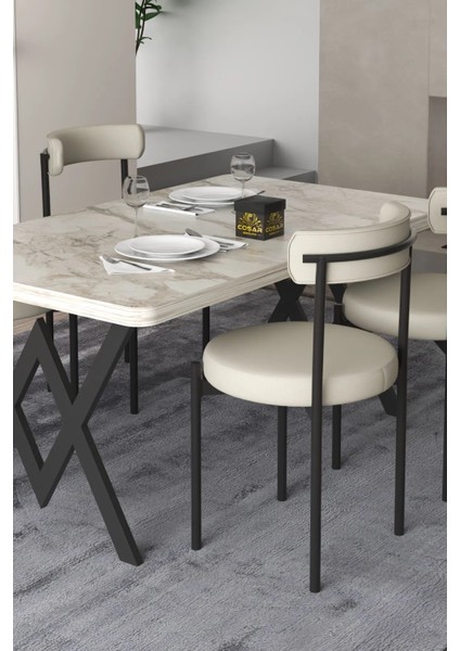 Ege 4 Kişilik Mutfak Masa Takımı -Krem Kumaş 70X110 W Mutfak Masası Ege Sandalye Krem Kumaş