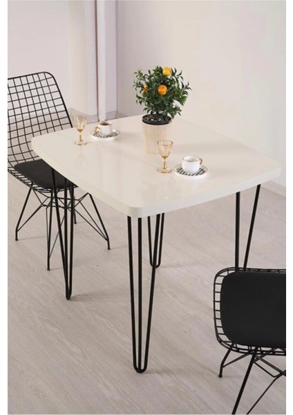 Beyaz Mermer Desen 70X80 cm Ferforje Tel Ayak Ahşap Tek Masa