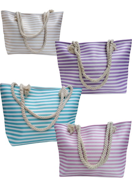 Fancy Kids Kadın Plaj Çantası Fermuarlı Ipli Içi Astarlı Cepli Yatay Çizgili Yumuşak Saplı Ekru-Krem