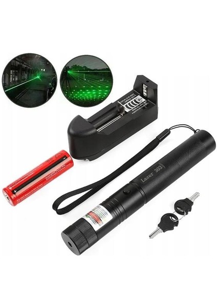Powermaster OM-120118650 Pilli Şarjlı Anahtar Emniyetli Yeşil Lazer Pointer (50 Km)