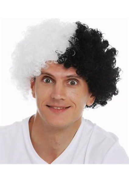 Siyah Beyaz Kıvırcık Afro Bonus Taraftar Peruğu