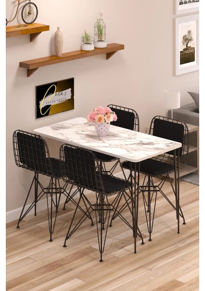 Cosargroup Yemek Masa Takımı Mutfak Masası Sırt Minderli 4 Adet Tel Sandalye 1 Adet Masa 60X120 Beyaz Gri
