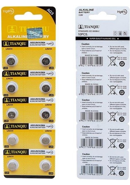 Tianqiu Ag3 LR41 Alkalin Saat Pili 10'lu Paket