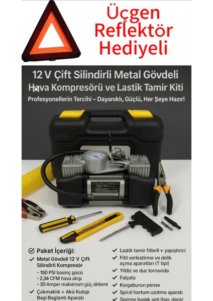 XK-150M Metal Gövdeli 12V Çift Silindirli Hava Kompresör ve Lastik Tamir Kiti + Üçgen Reflektör HEDİYELİ