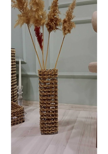 Kare Metal Tel-Hasır Örgülü Özel Tasarım Pampas Vazosu 40 cm
