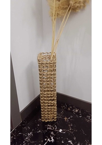 Kare Metal Tel-Hasır Örgülü Özel Tasarım Pampas Vazosu 50 cm