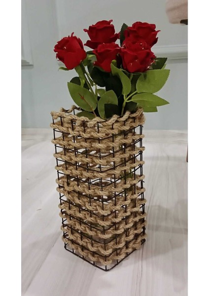 Kare Metal Tel-Hasır Örgülü Özel Tasarım Çiçek Vazosu 25 cm