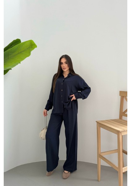 Kadın Ikili Rahat Kesim Keten Gömlek Pantolon Alt Üst Takım