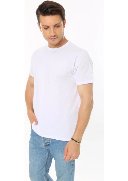 Erkek Beyaz %100 Pamuk Regular Fit Bisiklet Yaka Kısa Kol Basic T-Shirt