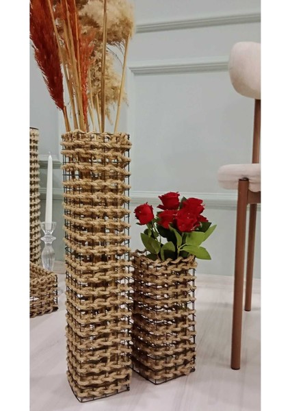 Kare Metal Tel-Hasır Örgülü Özel Tasarım Pampas Vazosu 50-25 cm 2li