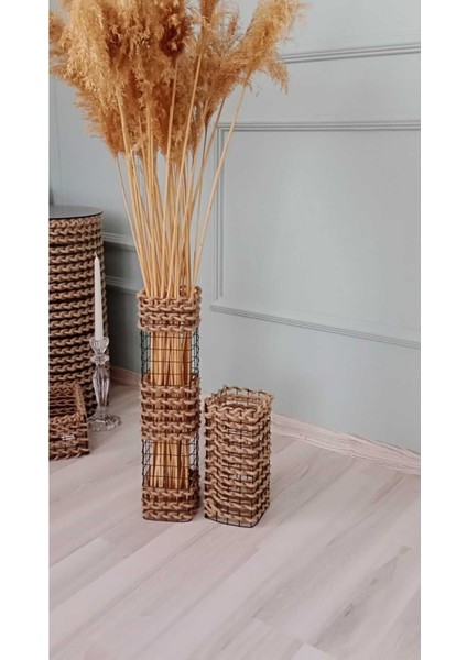 Bohem Tarz Orta Boy 50 ve 25 cm Vazo Hasır Örgü Vazo Pampas Vazosu Kare