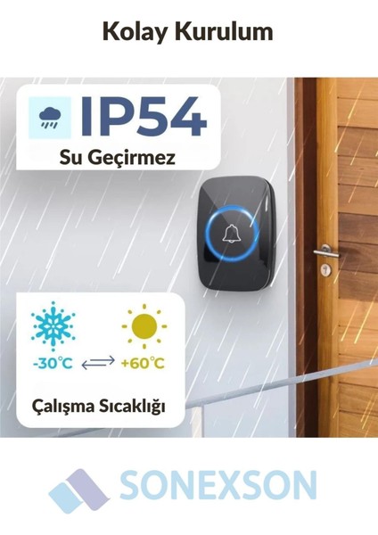 1 Buton 2 Alıcı Kablosuz Uzaktan Kumandalı LED Kapı Zili