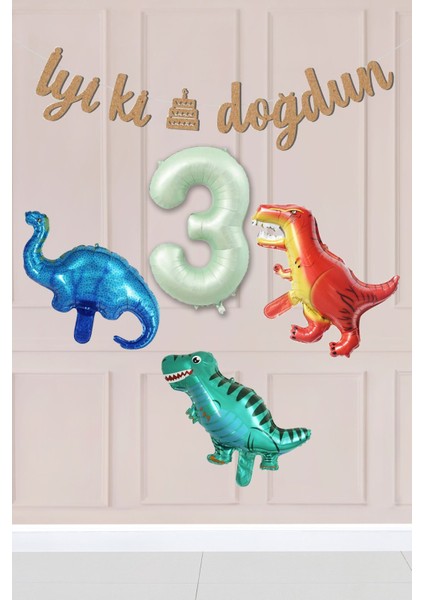 3 Yaş Dinazor Konsept Doğum Günü Balon Seti Dinozor Tema