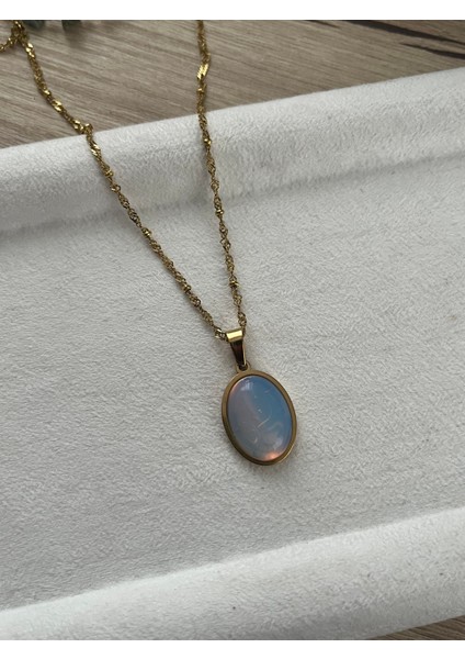 Opal Taşı Çelik Kolye El Yapımı