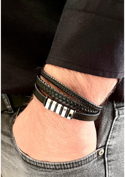 %100 Deri&çelik Mixli Trend 3lü Model Şık Siyah Erkek Bileklik 21 cm