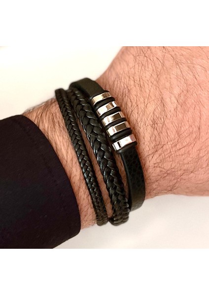 %100 Deri&çelik Mixli Trend 3lü Model Şık Siyah Erkek Bileklik 21 cm