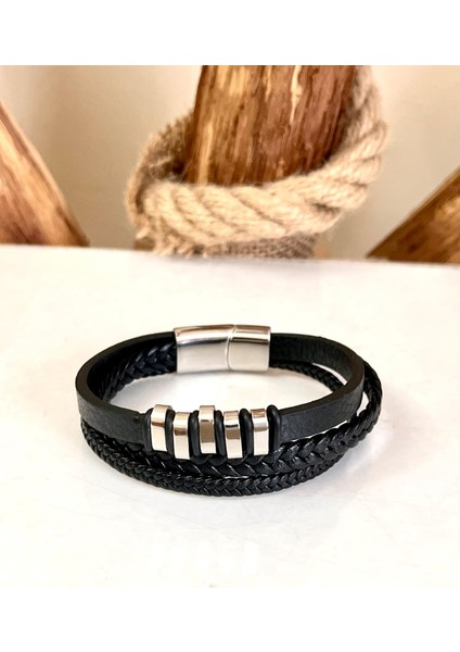 %100 Deri&çelik Mixli Trend 3lü Model Şık Siyah Erkek Bileklik 21 cm