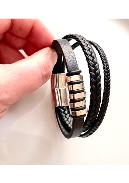 %100 Deri&çelik Mixli Trend 3lü Model Şık Siyah Erkek Bileklik 21 cm