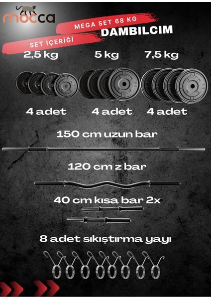 68 kg Z-Barlı Megaset Halter Seti ve Dambıl Seti, Uzun Bar 150 cm Ağırlık Seti ,fitness Seti