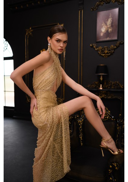 Gold Simli Boncuk Detaylı File Elbise