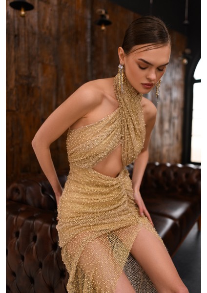 Gold Simli Boncuk Detaylı File Elbise