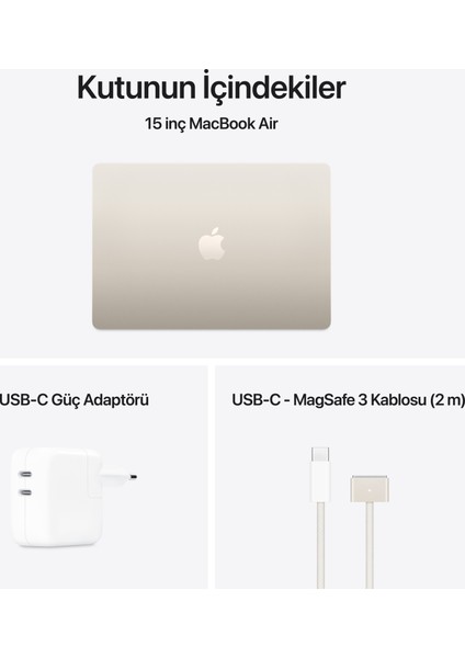 MacBook Air M4 16GB 512GB SSD macOS 15" Taşınabilir Bilgisayar Yıldız Işığı MW1K3TU/A
