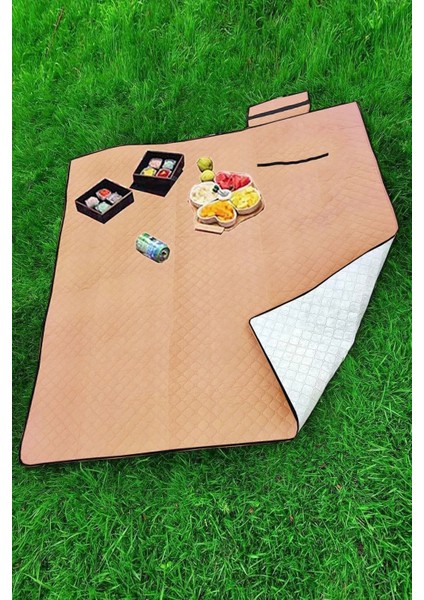 Piknik Örtüsü Su Geçirmez Kendinden Çantalı 160X160 cm Kamp Tipi Piknik Yer Minderi Kapitone Elyaf